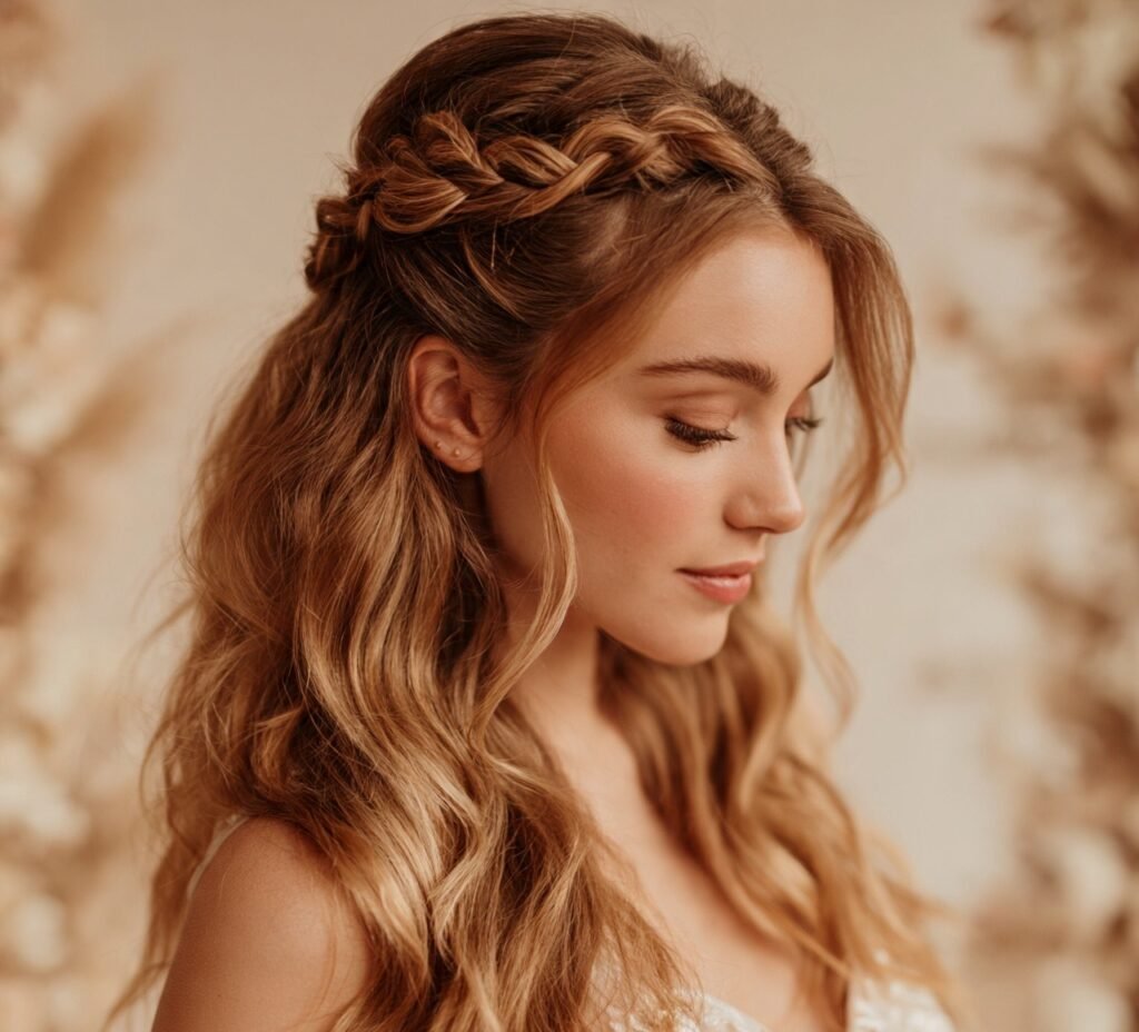 Braided Half Up with Loose Waves for medium hair cropped