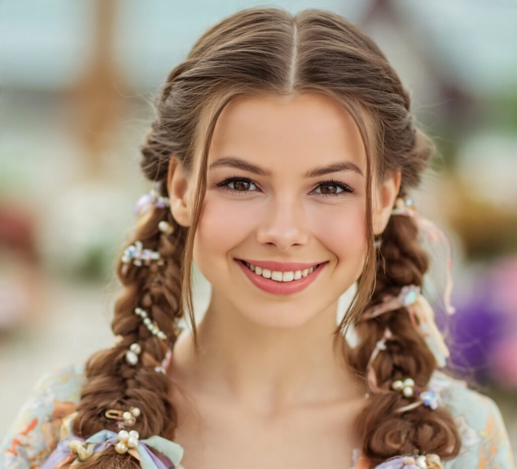 13 Cute Hairstyles for Long Hair to Instantly Elevate Your Style 14 Braided Pigtails with Accessories cropped
