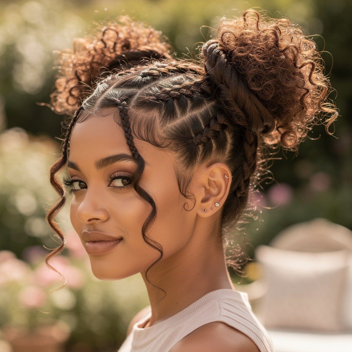 Braided Space Buns with Curly Hair