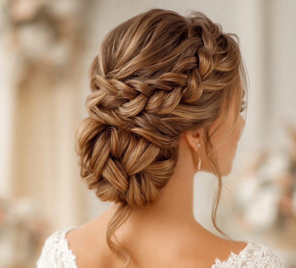 Braided Updo with Texture for medium hair cropped