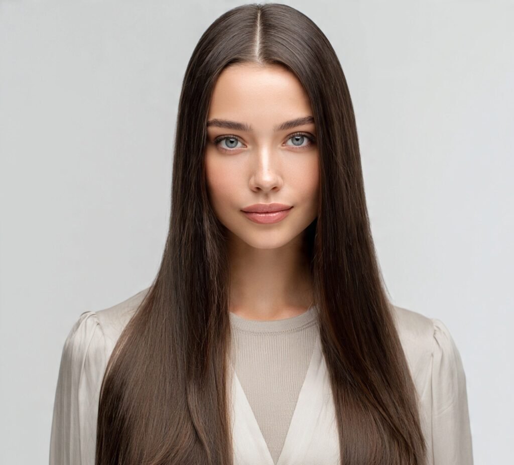 12 Must-Try Simple Hairstyles for Long Hair for a Chic Everyday Look 11 Center Part Sleek Style cropped