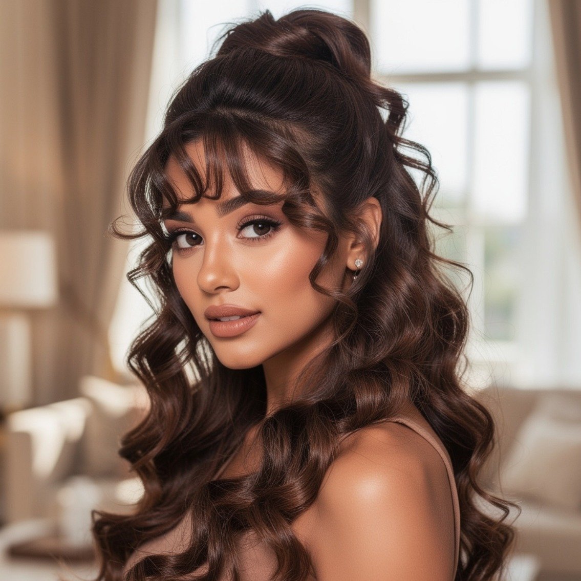15 Trending Ideas Curly Hairstyles With Bangs That Actually Flatter Every Curl Type 12 Curly Bangs With a Half Up Style