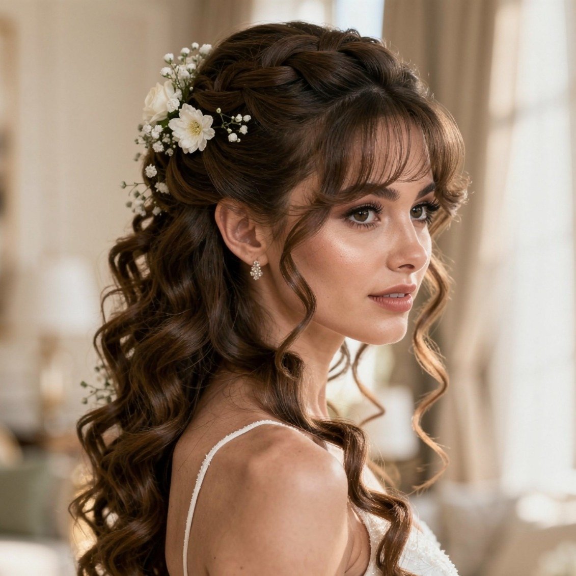 15 Stunning Curly Hairstyles for Wedding Ideas for Brides and Guests 3 Curly Bridal Half Up With Floral Accents