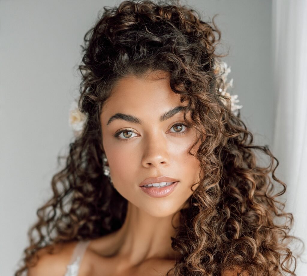 12 Trending Curly Wedding Hairstyles Every Bride Should Definitely Try 7 Curly Half Down with Floral Accents cropped