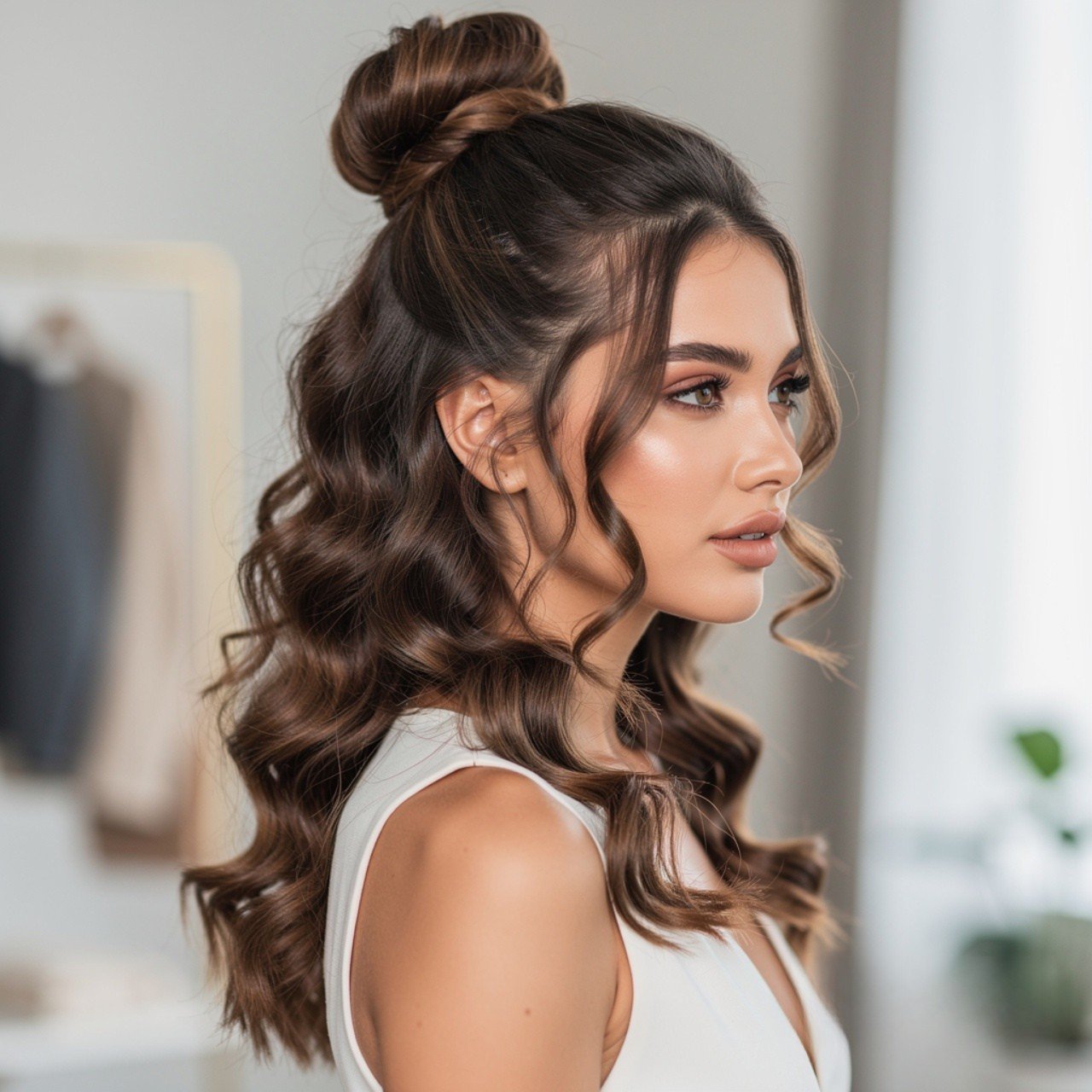 Curly Half Up Bun Easy Hairstyle