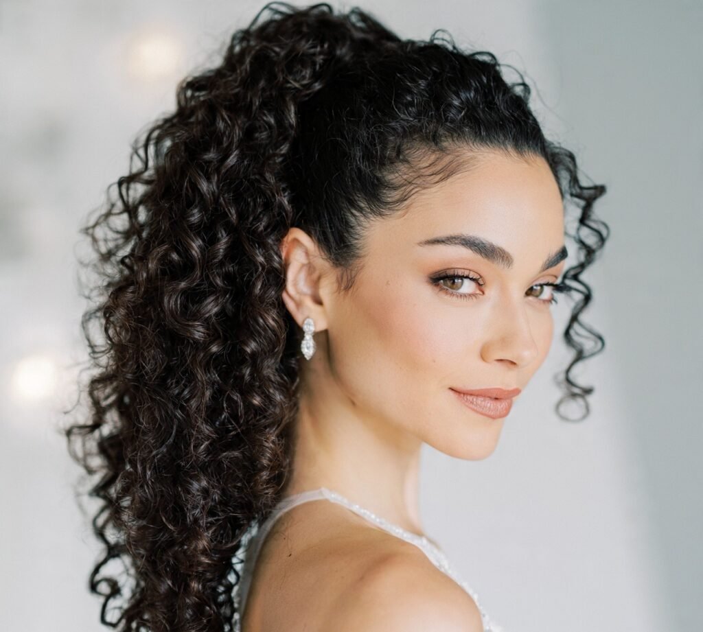 12 Trending Curly Wedding Hairstyles Every Bride Should Definitely Try 3 Curly High Ponytail cropped