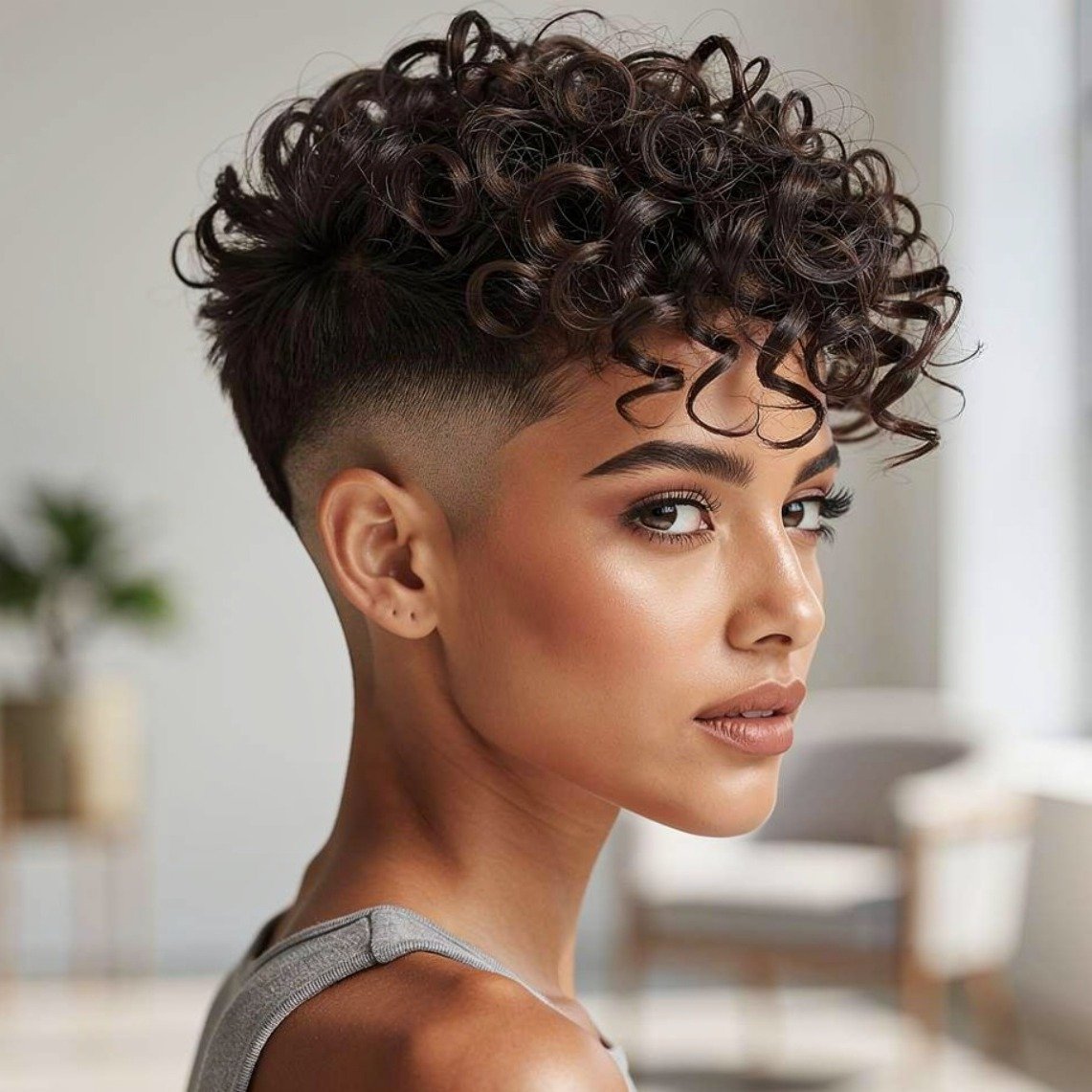 Curly Pixie with Long Top and Short Sides