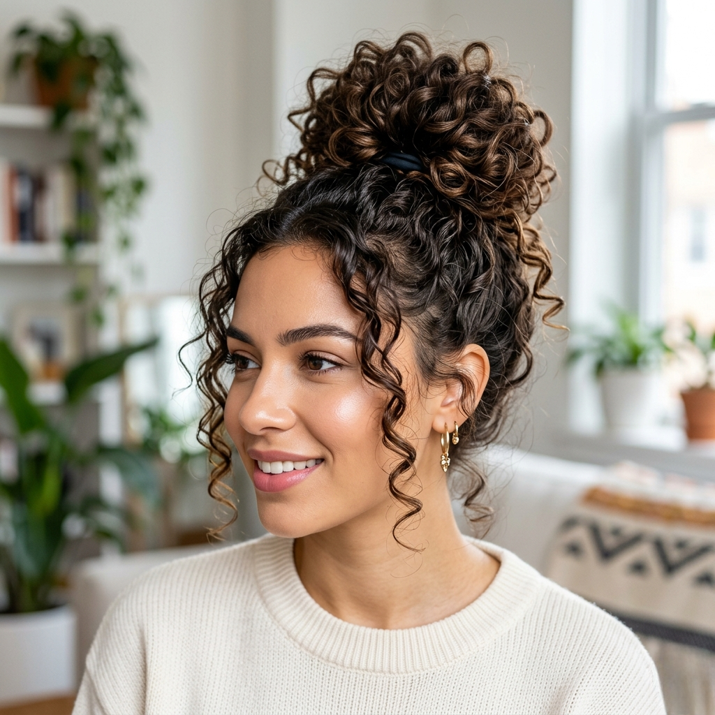 Curly Top Knot Easy Hairstyle
