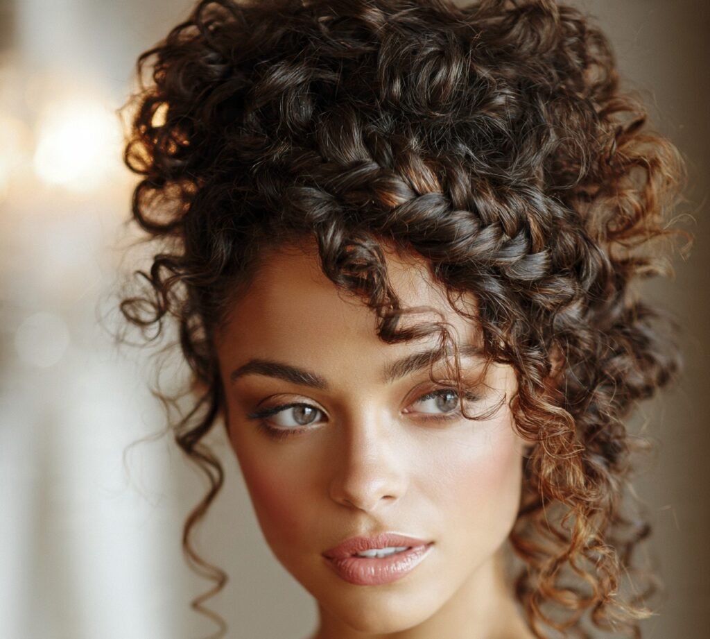 12 Trending Curly Wedding Hairstyles Every Bride Should Definitely Try 13 Curly Updo with Statement Braid Curly Updo with Statement Braid cropped