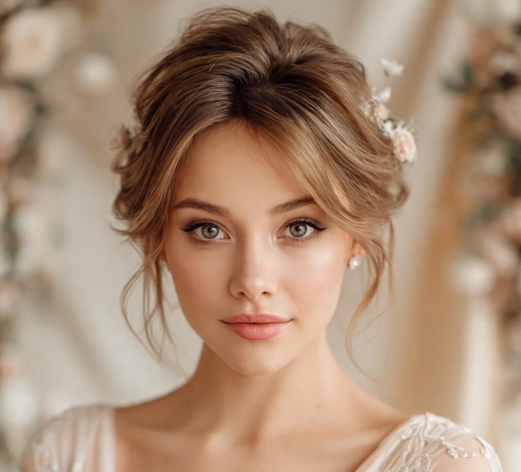 Floral Adorned Loose Updo for medium hair cropped