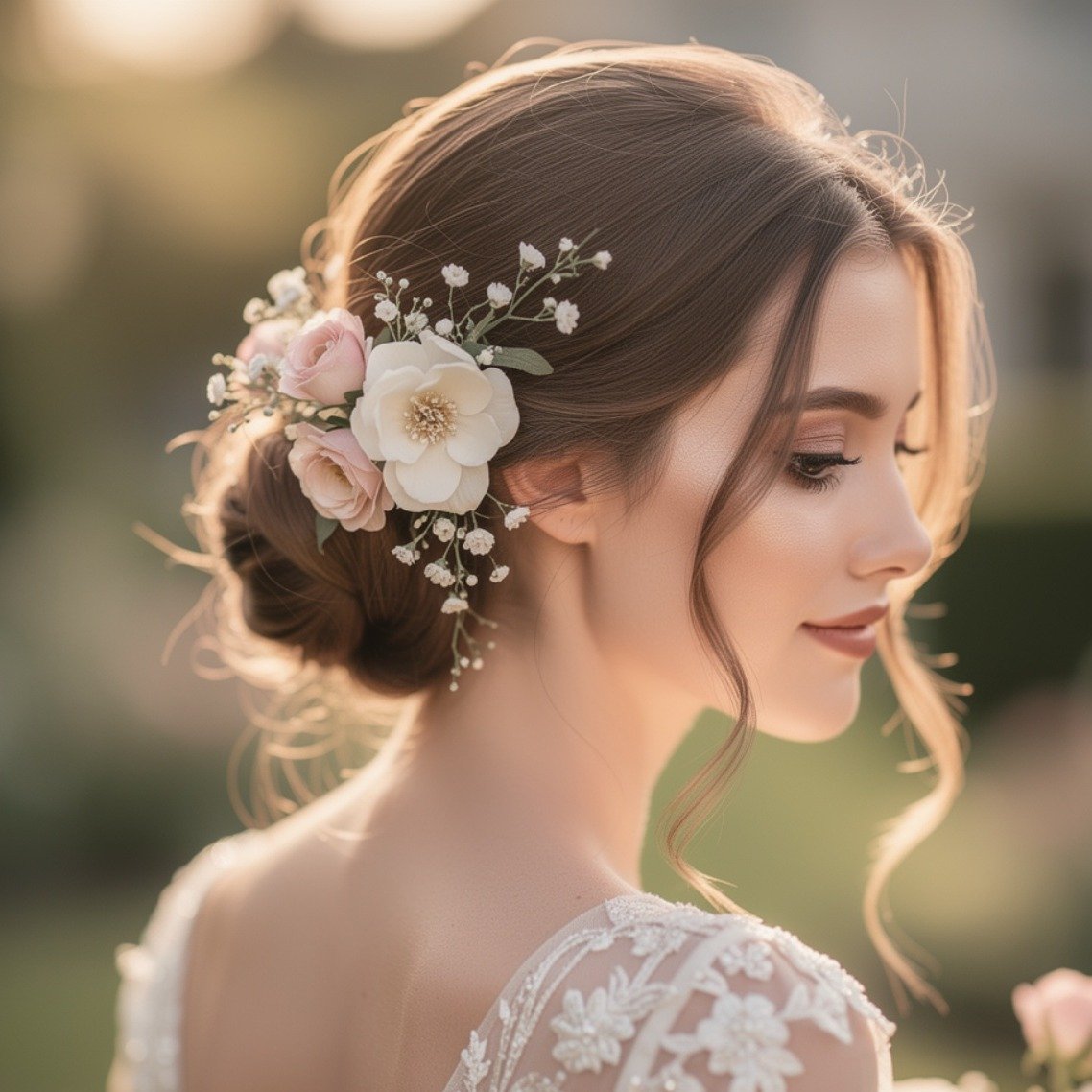 15 Simple Wedding Hairstyles That Look Elegant and Timeless 15 Floral Low Bun