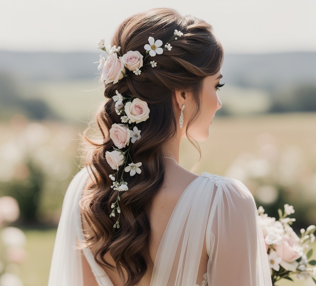 17 Romantic Side Hairstyles Wedding Ideas for an Elegant Bridal Look 8 Floral Side Hairstyles Wedding for Outdoor Brides