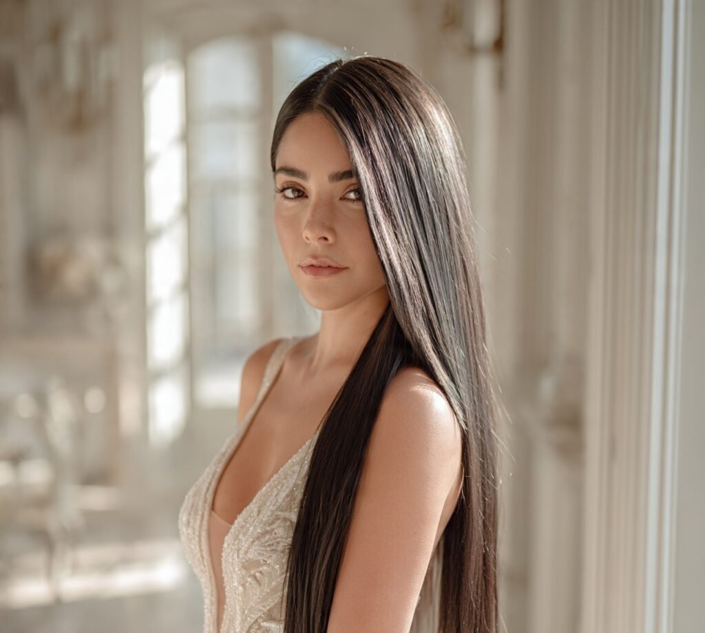 Glossy Straight Hair with Deep Side Part