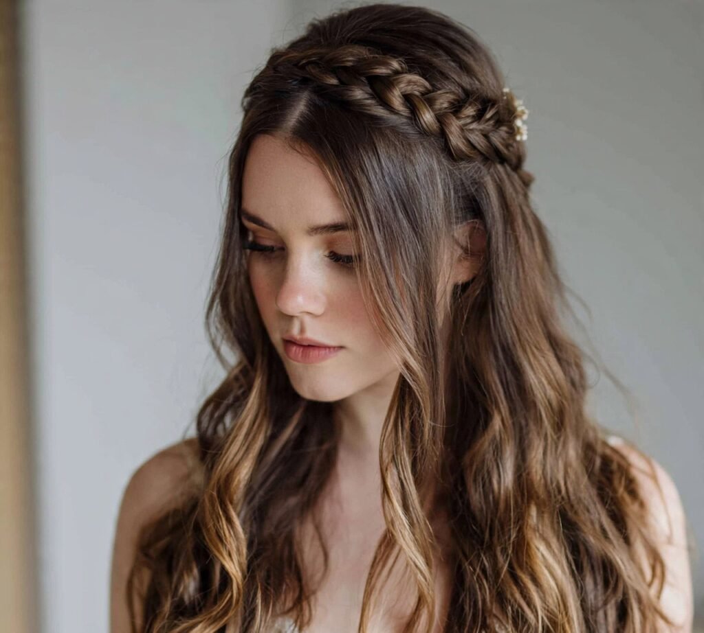 Half Up Braided Crown with Loose Ends