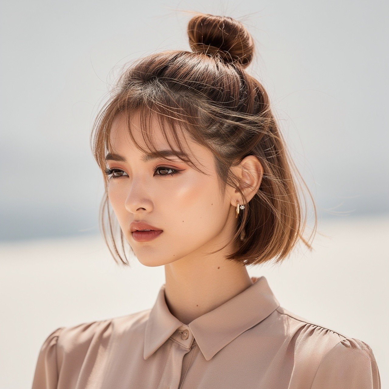 14 Trendy Summer Hairstyles for Short Hair that You’ll Love 5 Half Up Mini Bun Summer Hairstyle for Short Hair