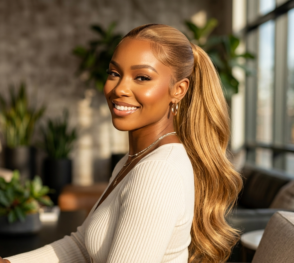 Honey Blonde Quick Weave Ponytail Hairstyles for Warm Skin
