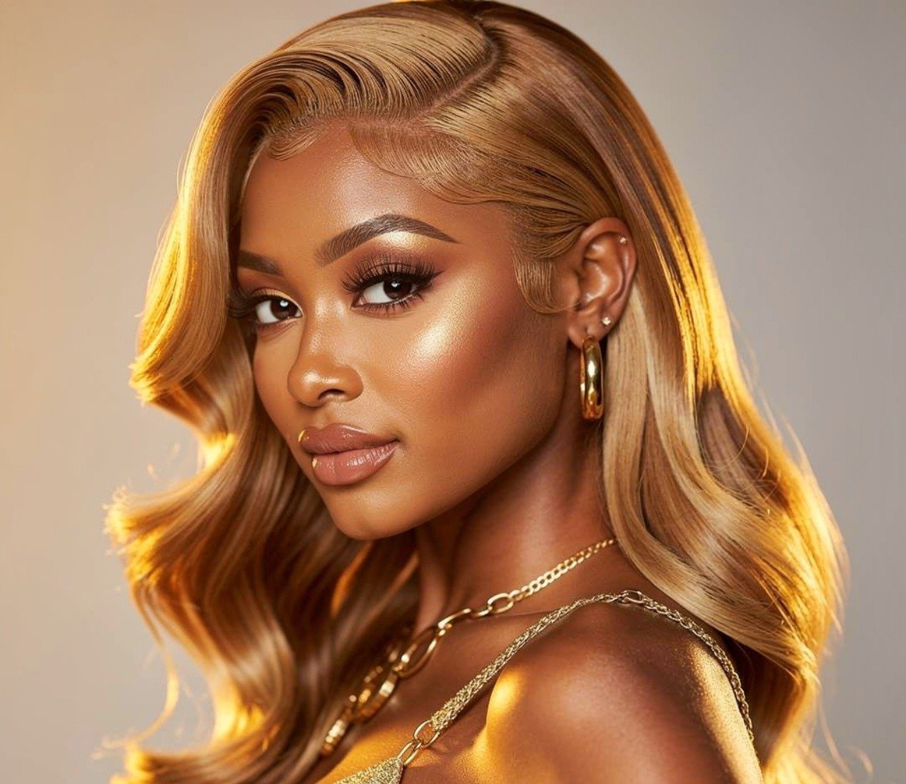 Honey bionde quick weave hairstyles side part for warm skin
