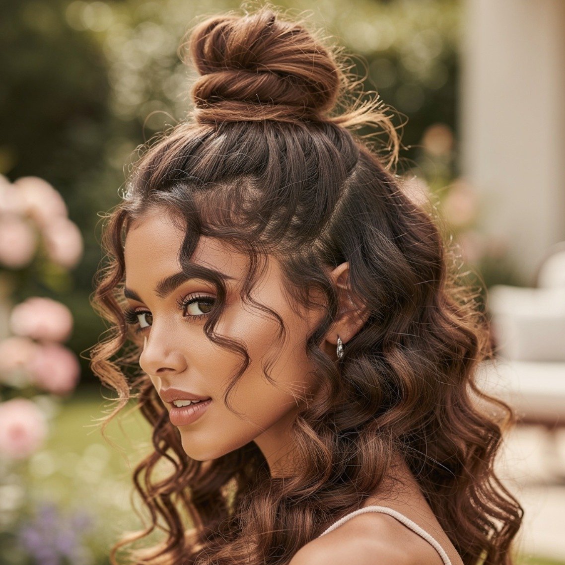 15 Trending Curly Hairstyles Half Up Half Down That Actually Work for Every Curl Type 6 Knotted Half Up Top Knot with Curly Tendrils