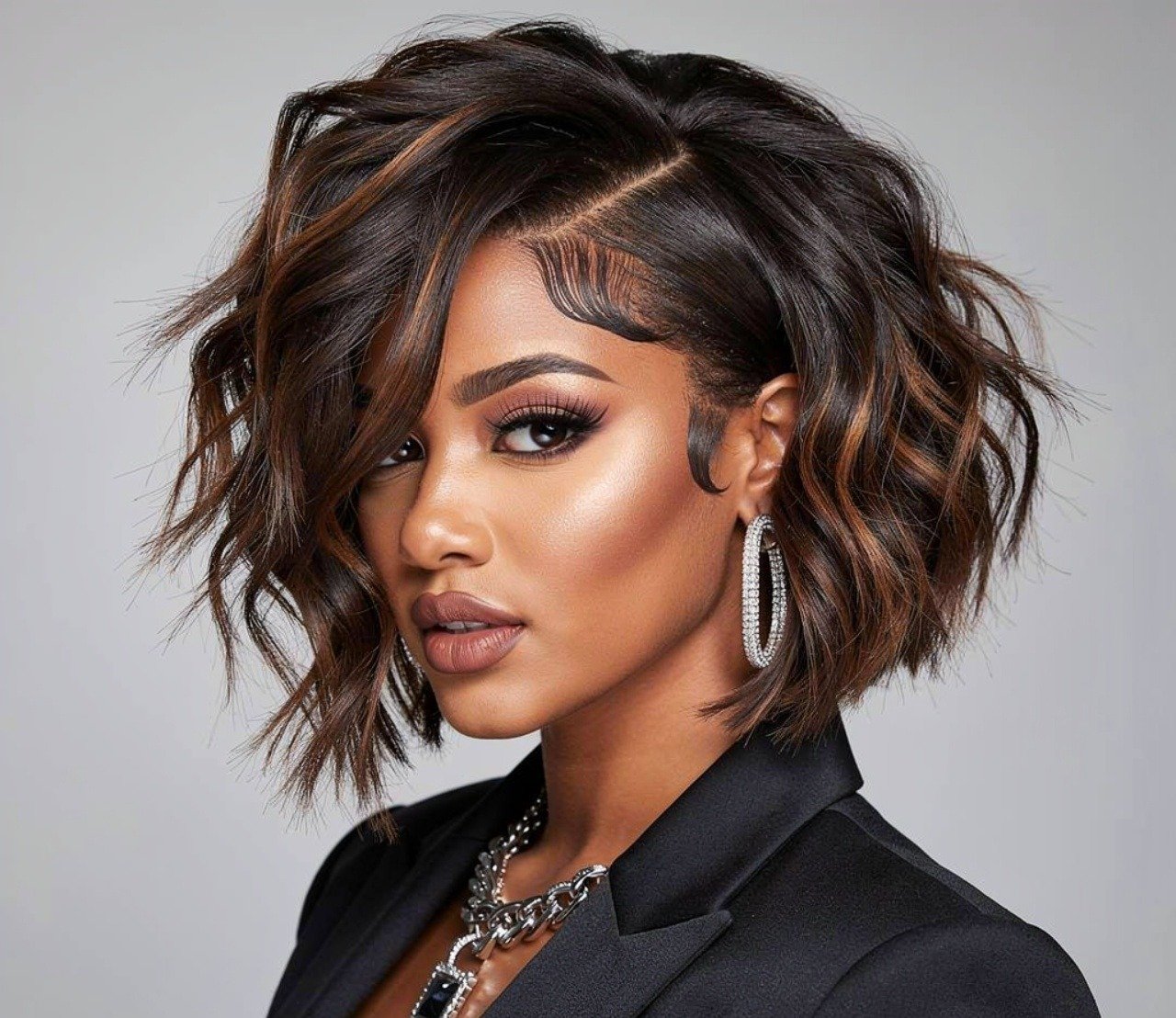Layered shag weave hairstyles side part for volume