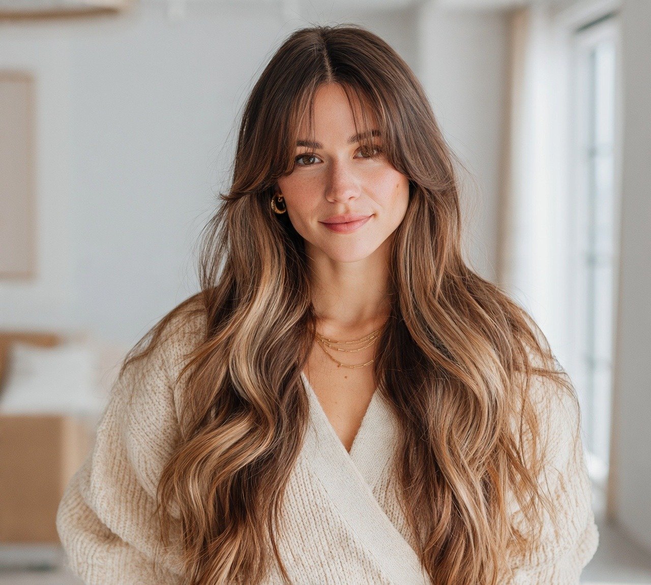 Long Layered Cut with Curtain Bangs and Highlights
