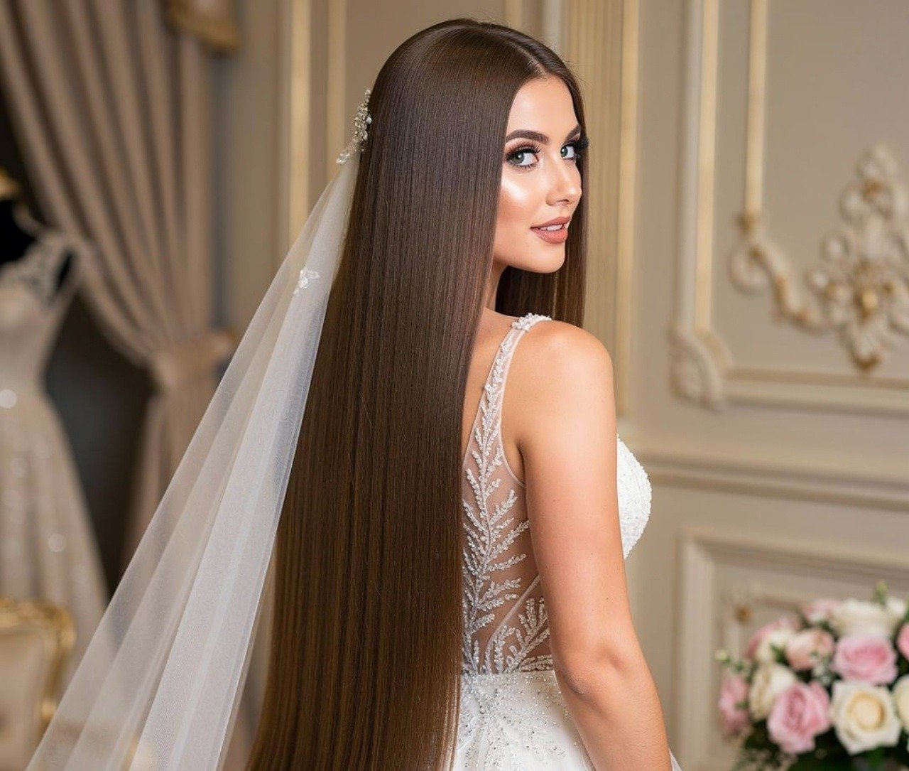 14 Trending Straight Hairstyles for Wedding Guests, Brides, and Bridesmaids 3 Long Sleek Veil Ready Straight Hair