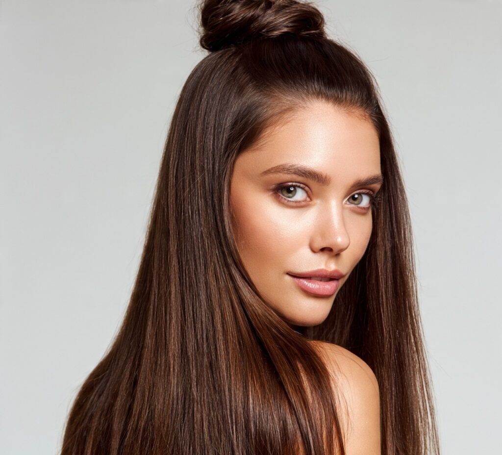 Long Straight Hair Half Up Top Knot