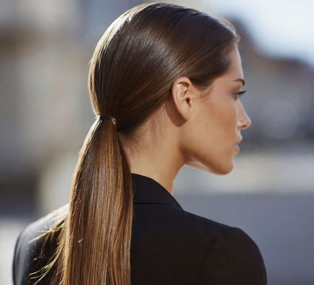Long Straight Hair Low Sleek Ponytail