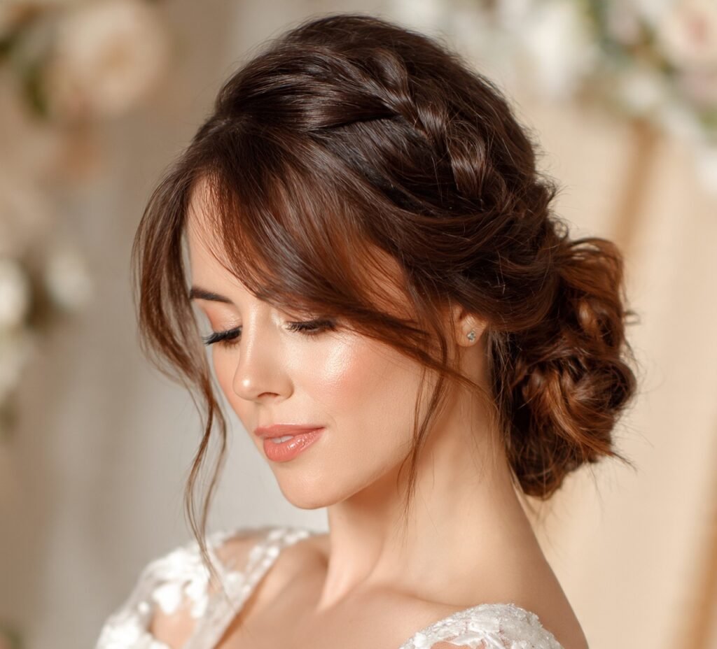 Low Side Bun with Braid Detail for medium hair cropped