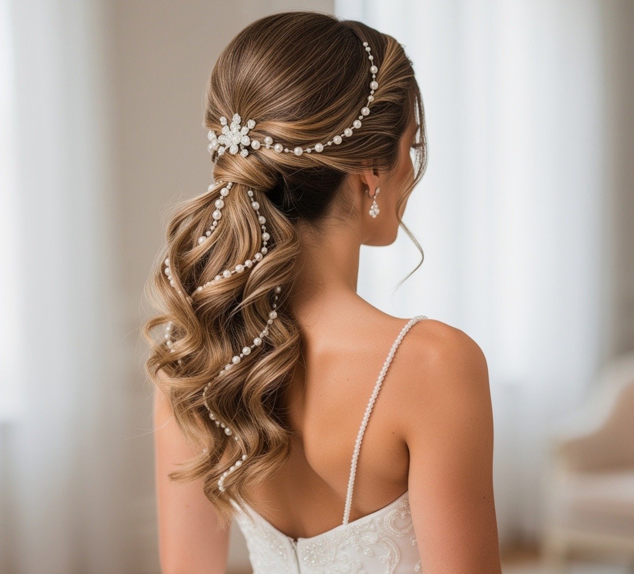 Pearl Accessorized Ponytail Hairstyles for Wedding Brides