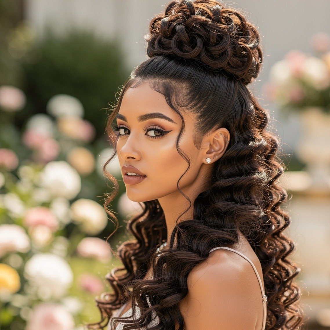 15 Trending Curly Hairstyles Half Up Half Down That Actually Work for Every Curl Type 3 Puff Half Up with Defined Ringlets Below