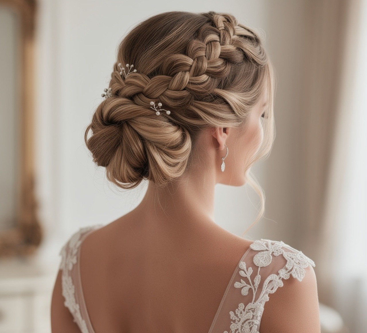 Romantic Braided Crown Wedding Hairstyles for Bride