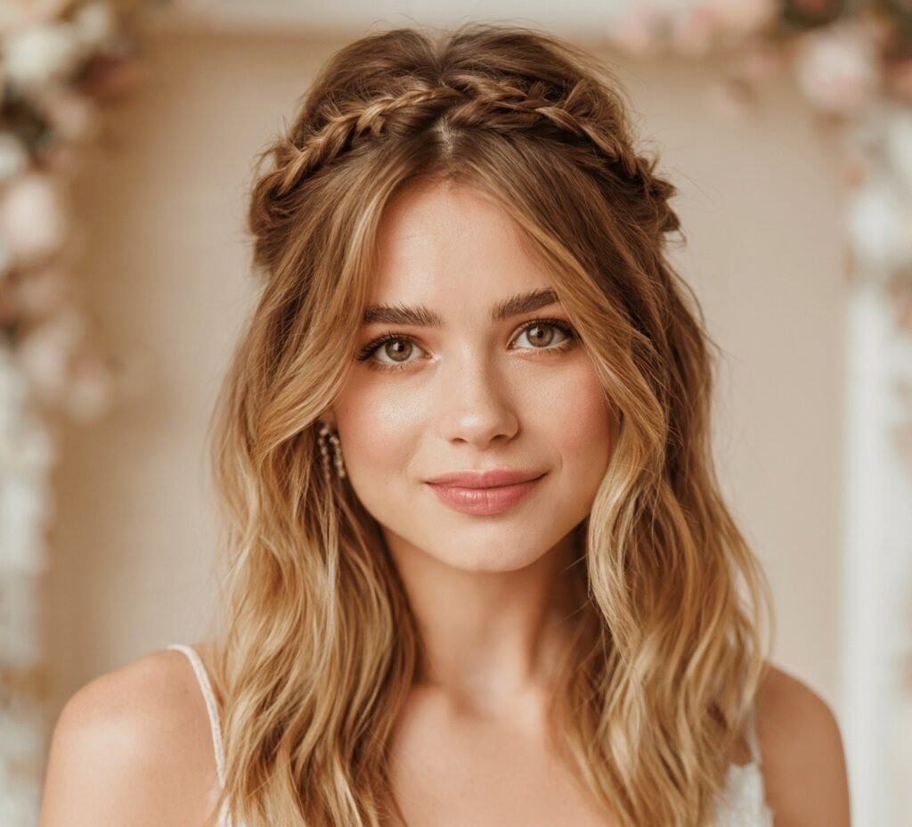 Romantic Half Up Braided Crown for medium hair cropped