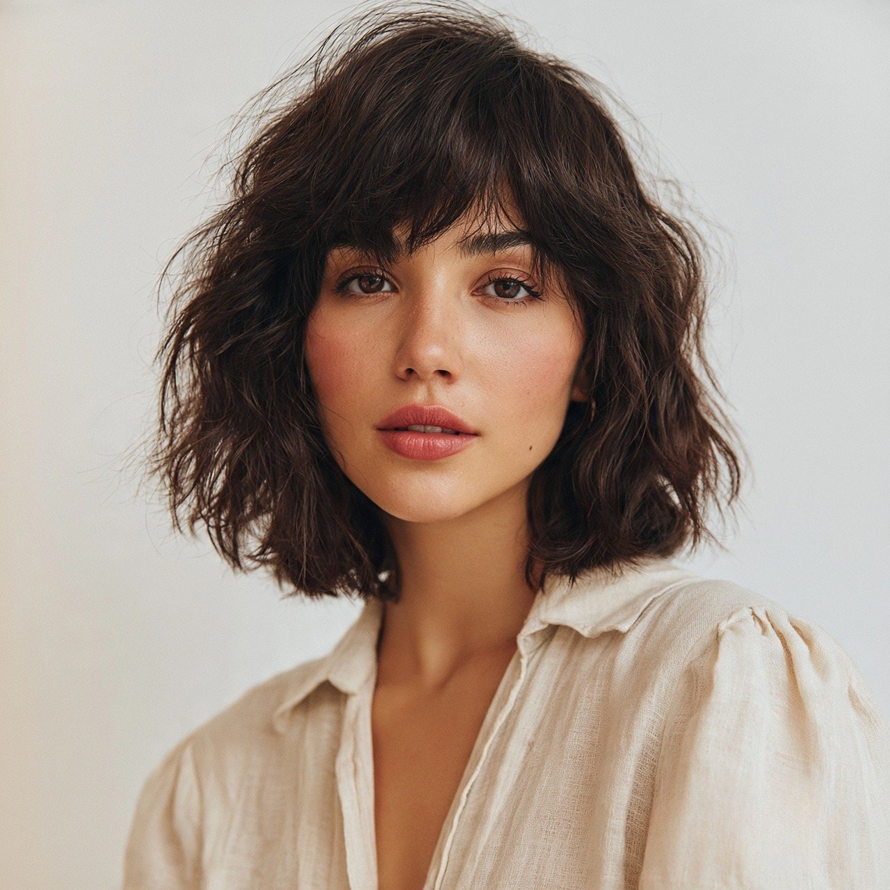 Shaggy Curtain Bang Bob For Wavy Hairs