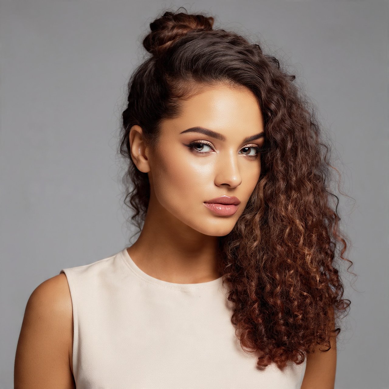 Slick Back Curly Half Up Half Down Hairstyle