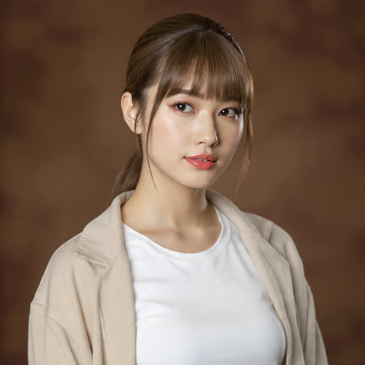 Slick Back Ponytail with Curtain Fringe Hairstyle