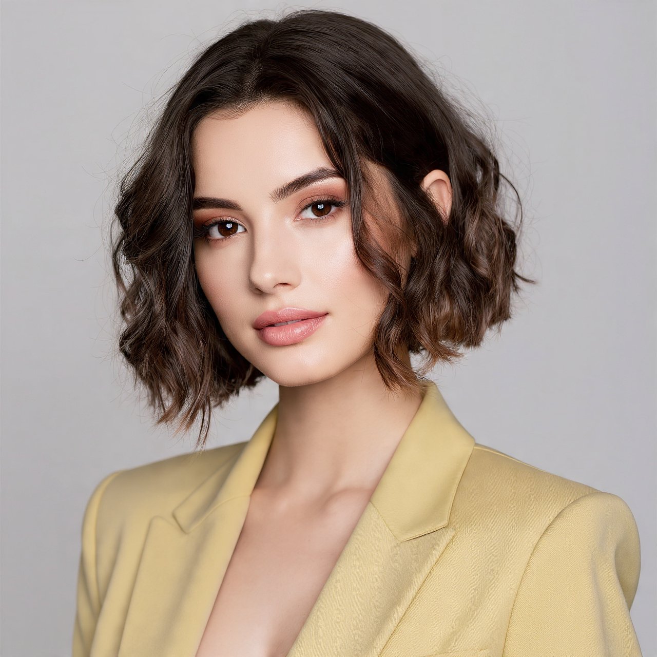 Slicked Back Curly Lob with Middle Part Hairstyle