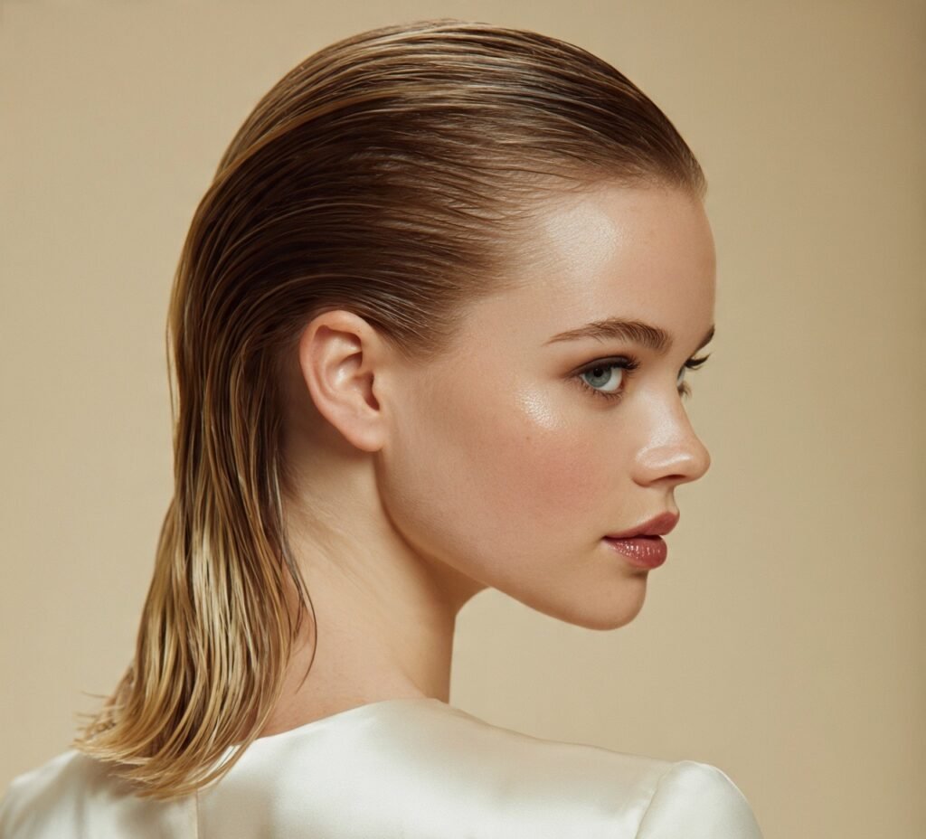 Slicked Back Wet Look Style for medium hair cropped
