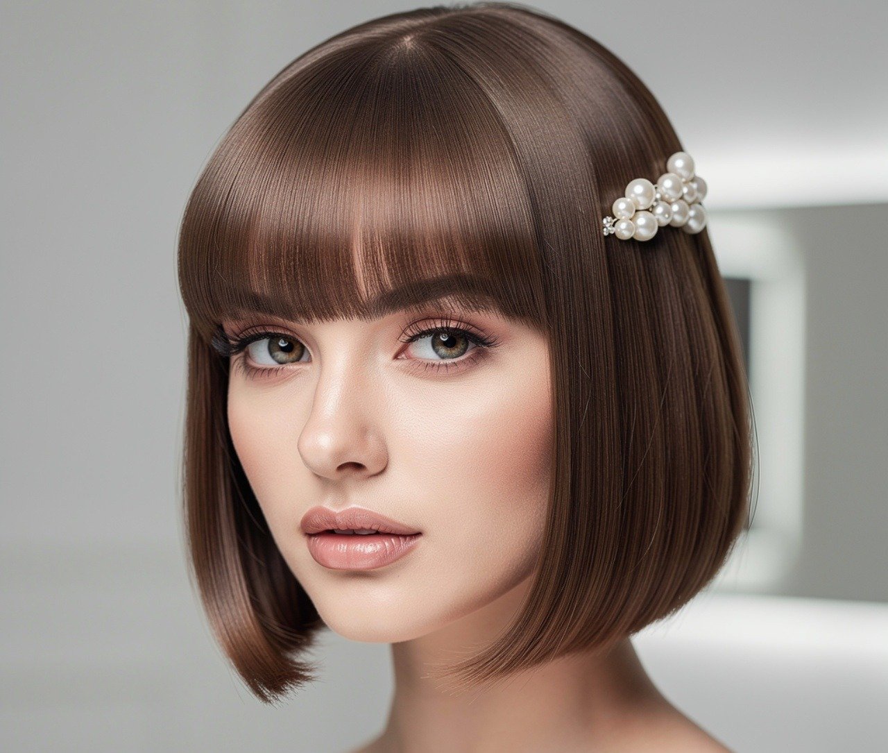 14 Trending Straight Hairstyles for Wedding Guests, Brides, and Bridesmaids 10 Straight Bridal Bob with Pearl Accessory