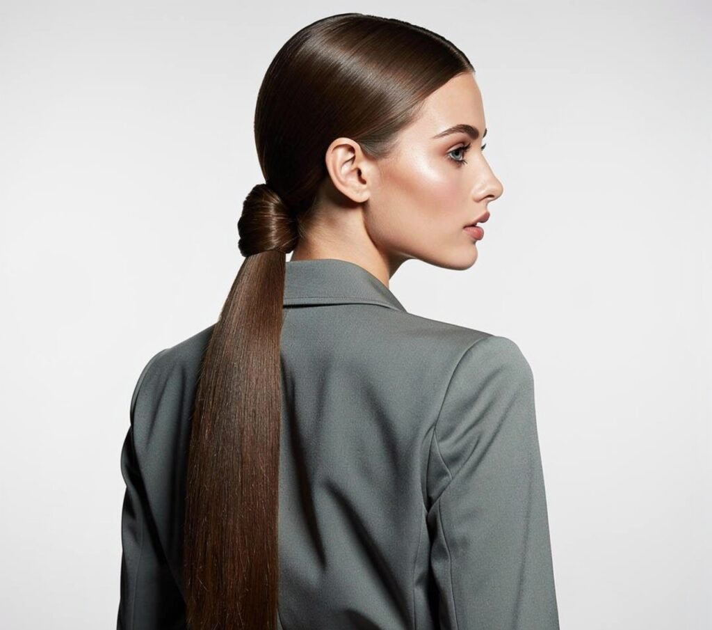 Straight Hair Side Braid into Low Bun
