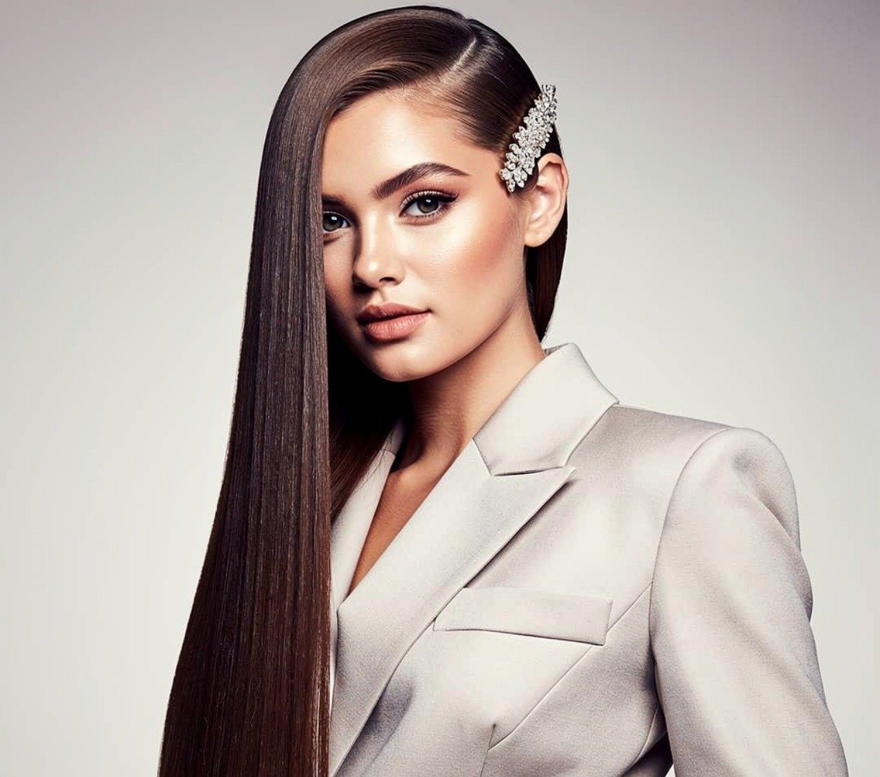 Straight Hair Side Swept with a Barrette