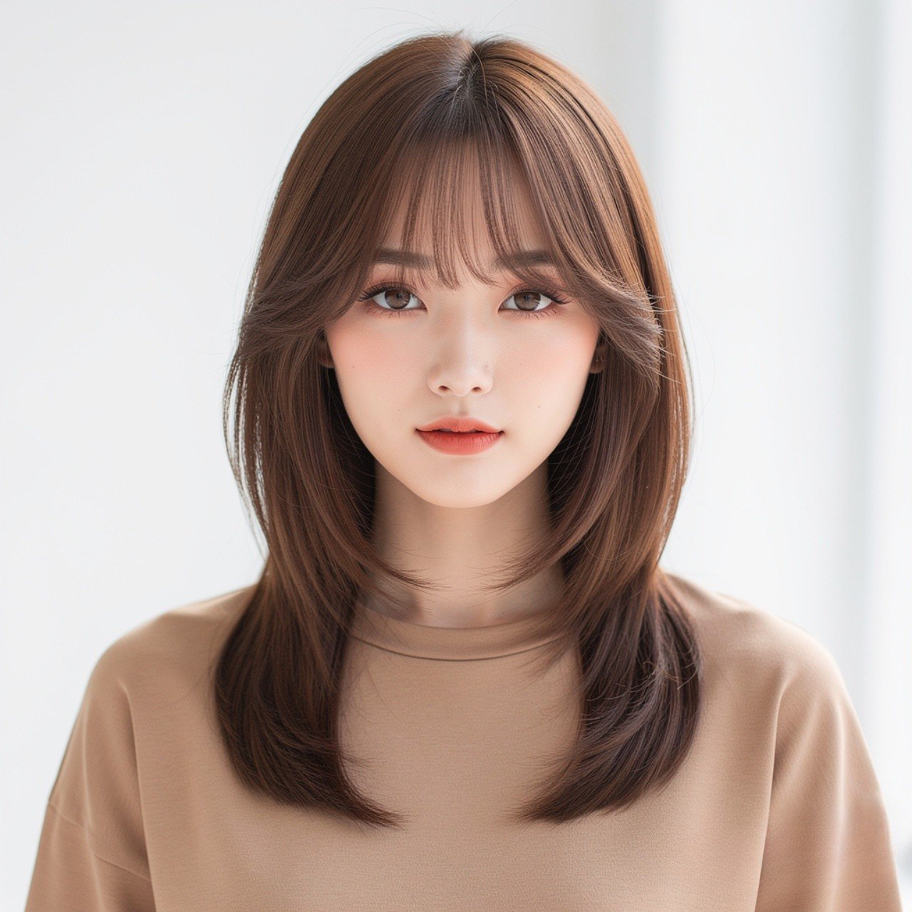 Straight Hair with Layers and Curtain Bangs