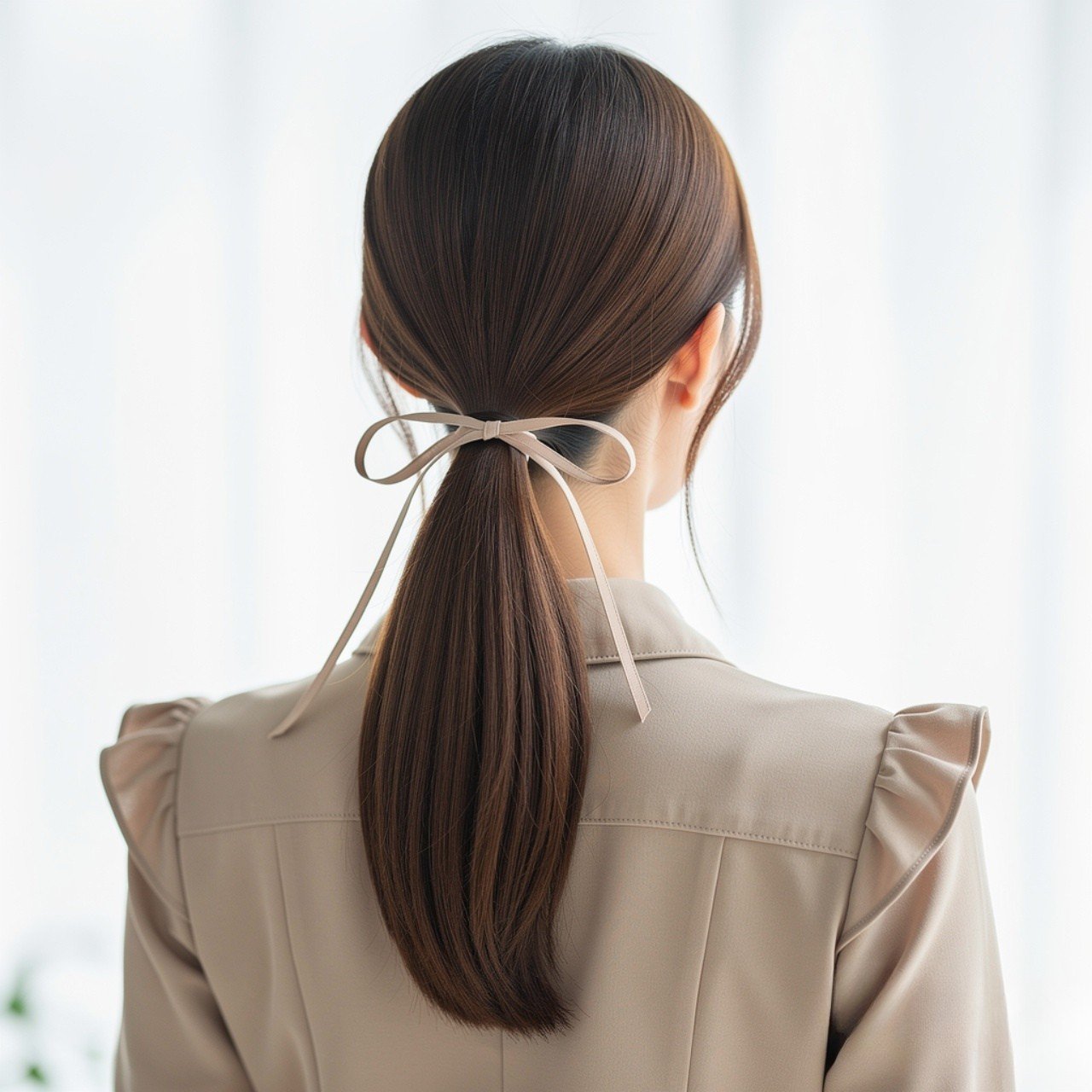 Straight Hair with Ribbon Wrapped Ponytail
