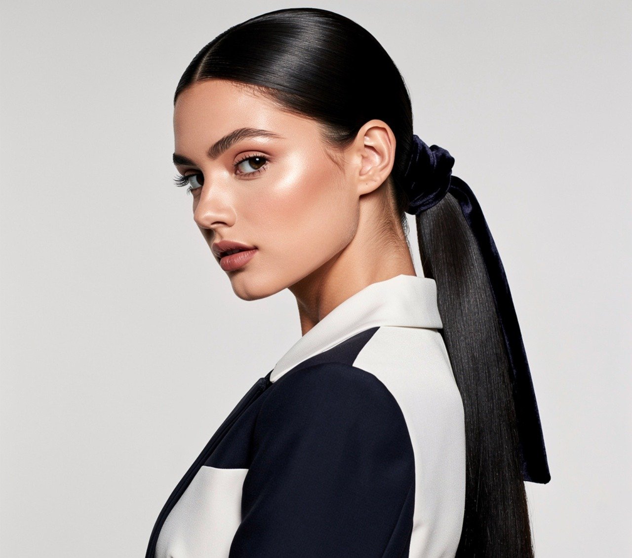 Straight Hair with a Velvet Scrunchie Ponytail