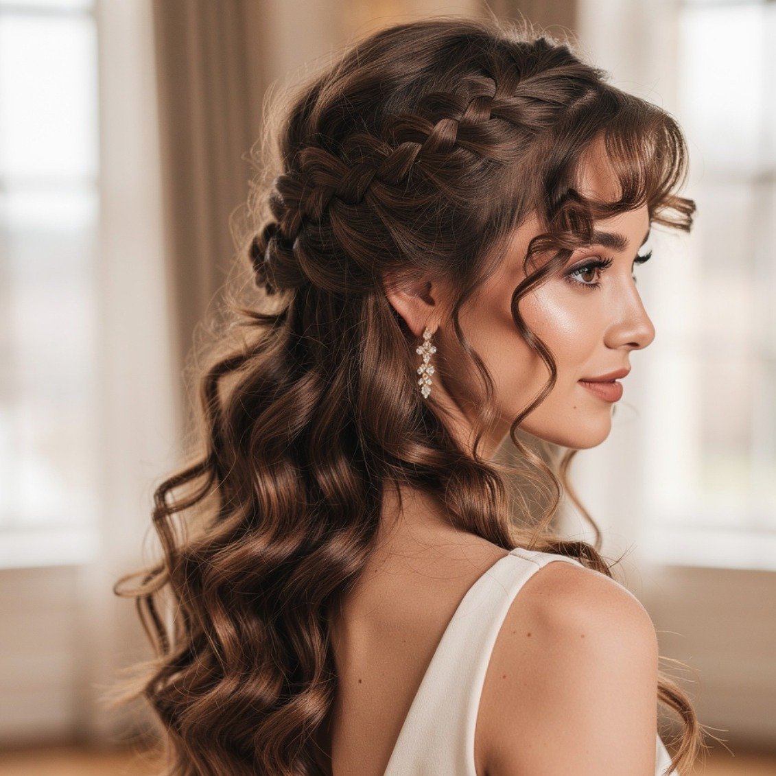 15 Stunning Curly Hairstyles for Wedding Ideas for Brides and Guests 7 Waterfall Braid With Loose Curls