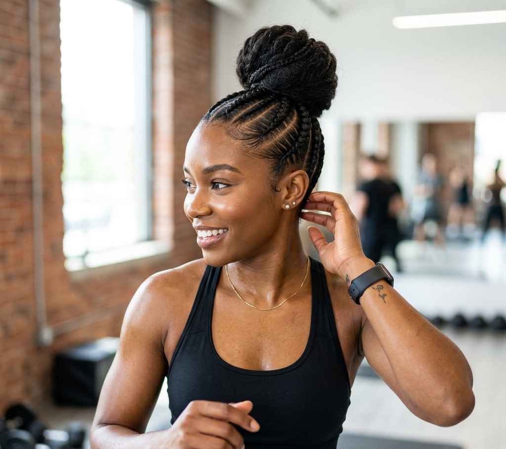 high bun quick weave hairstyle braids for active lifestyle
