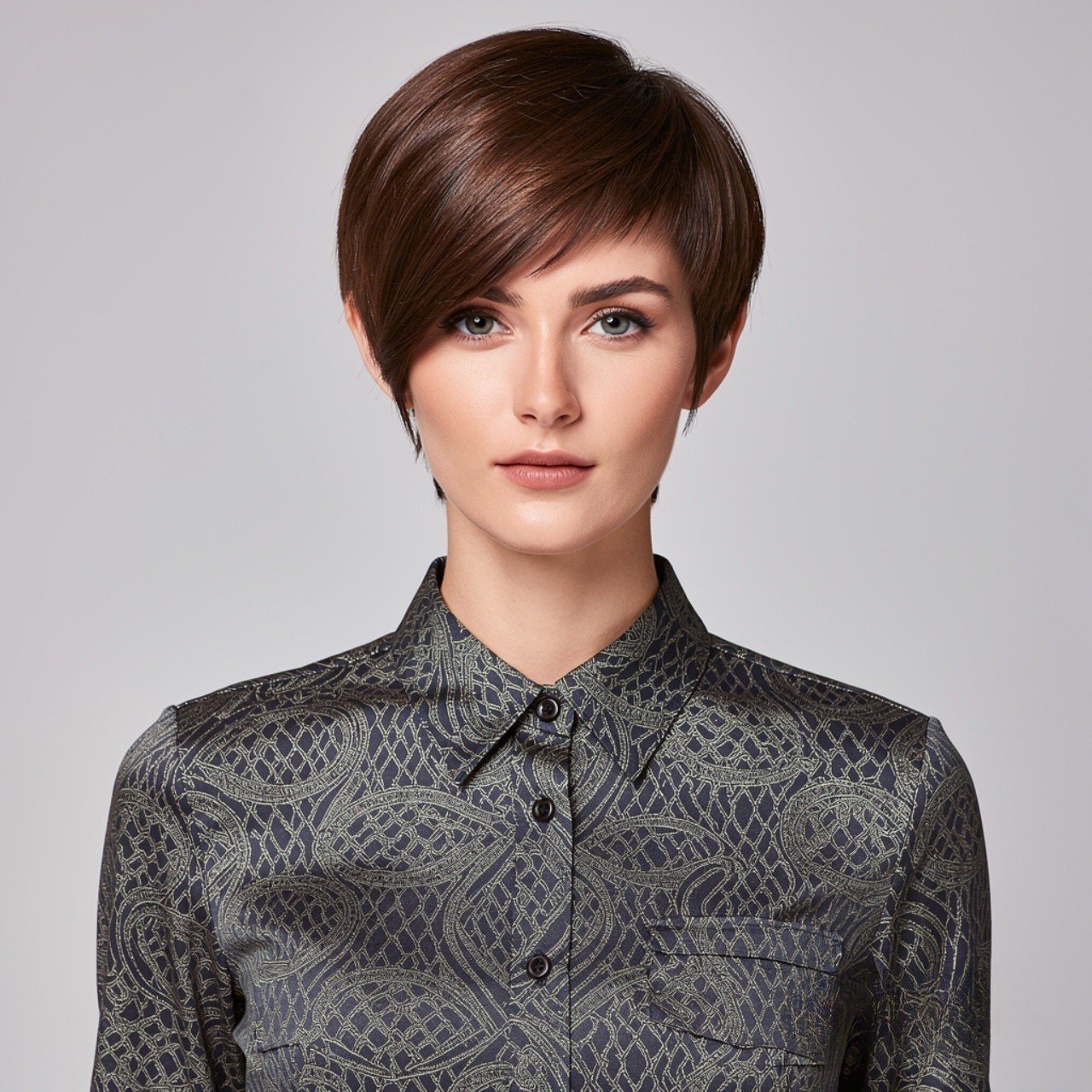square portrait of a woman with a layered pixie cu