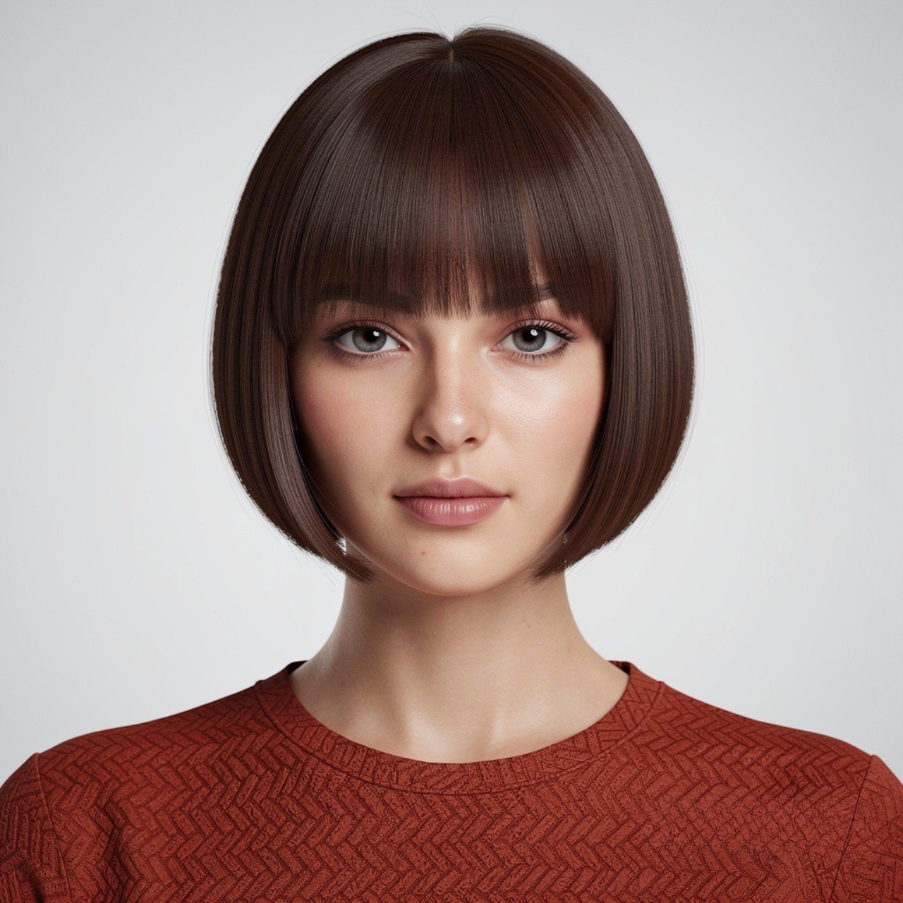 square portrait of a woman with a straight lob hai