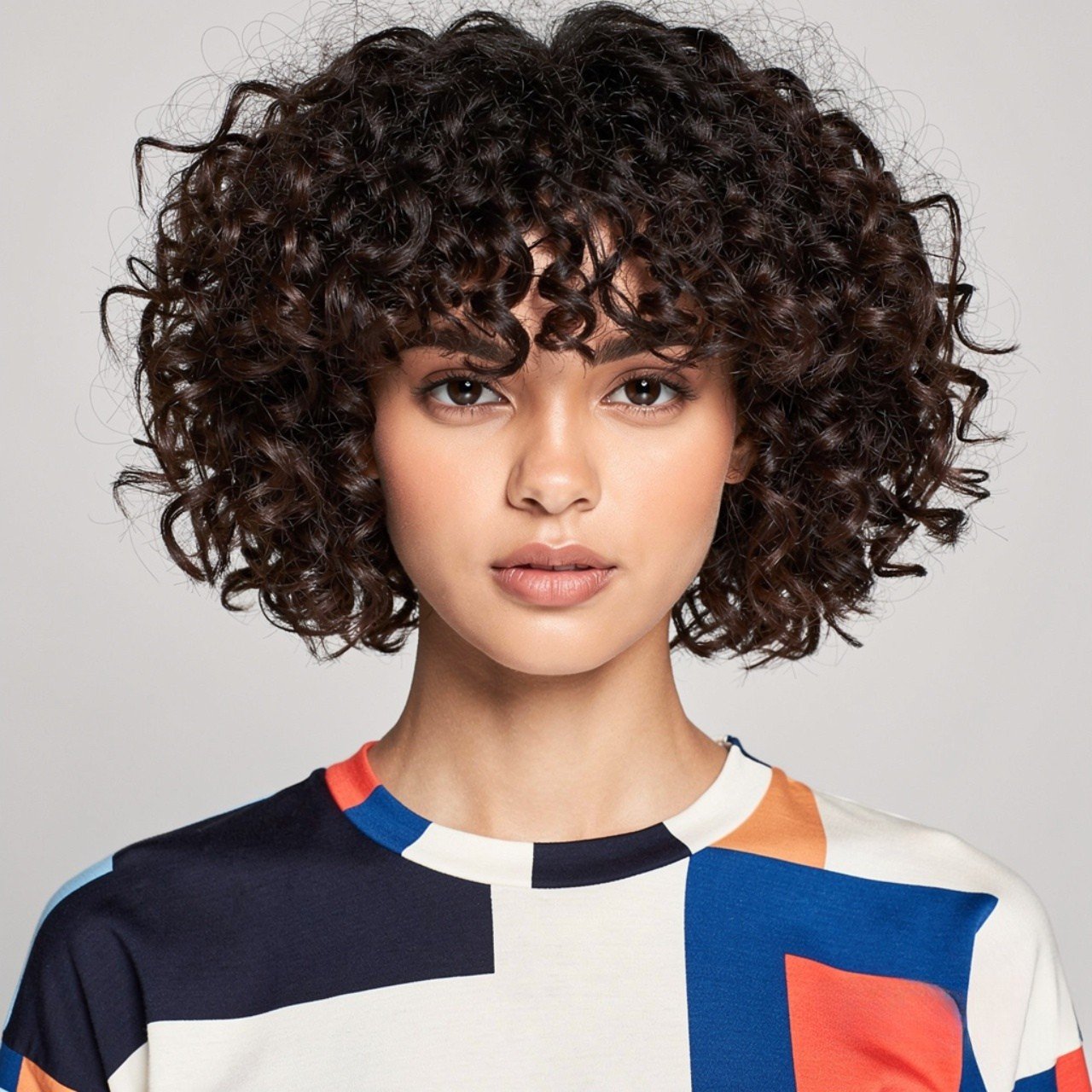 square portrait of a woman with short curly hair a