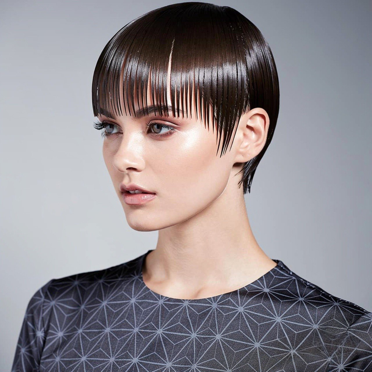 square portrait sleek wet look hairstyle on short