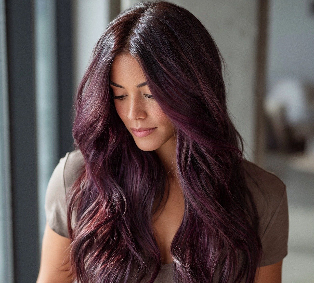 1. Deep Plum Balayage Purple Hair Color